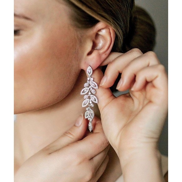 14K Gold Plated Leaflet Special Occasion Dangle Drop Earrings - Picture 8 of 10